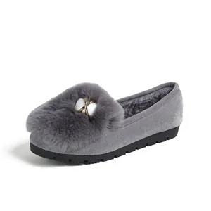 Women's grey plush flat loafers with faux fur pompom and non-slip rubber thick sole