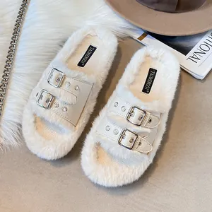 Damen Kunstfell Slides Doppel-Schnallenriemen Offene Zehen Flache Hausschuhe Gemütlich Weich Plüsch Warm Hausschuhe Sandalen Herbst Winter Schuhe