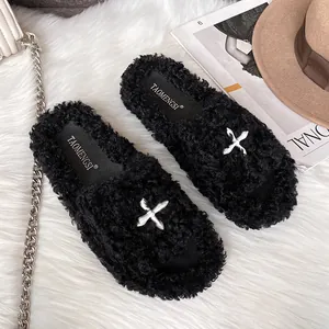 Women's Faux Fur Plush Slippers Open Toe Platform Slipper Soft Warm Indoor Outdoor Slides With Metal Buckle Daily Slipper