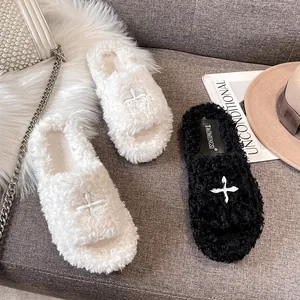 Fuzzy platform open-toe slides with star ornament in black and white styles