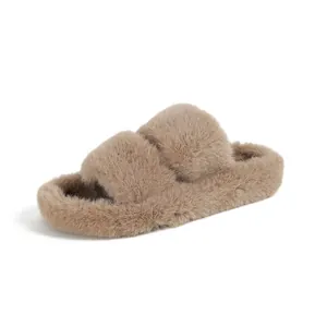 Warme kamelfarbene Kunstfell-Slipper mit Doppelriemen und Plüschfutter für Damen