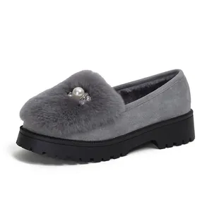 Dunkelgraue Damen-Loafer aus Wildleder mit Perlendekor und rutschfester Plateausohle