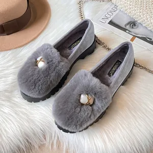Damen Winter Warm Echtes Kaninchenfell Loafer Dicke Sohle Perle Metall Dekor Slipper Plüsch Baumwollschuhe Outdoor Alltag Flache Schuhe