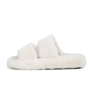 Chic beige plush faux fur double-strap platform slippers with comfortable black sole
