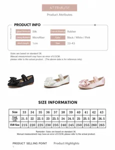 Tableau des tailles pour ballerines à nœud avec mesures allant du 33 au 43
