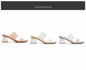 Drei quadratische Sandalen mit transparentem Blockabsatz in Nude, Aprikose und Silber-Strass