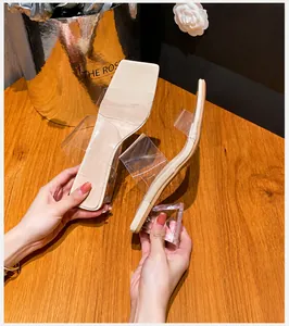 Detail der Pantolette mit eckiger Zehenpartie, transparentem PVC und Kristallabsatz