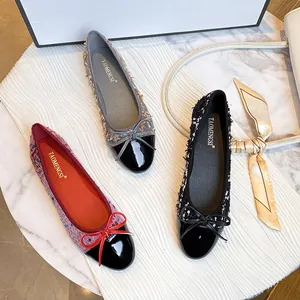 French style tweed ballet flats with bow decoration and contrast toe in three colors