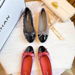 French style tweed ballet flats with bow and patent leather cap toe in three colors