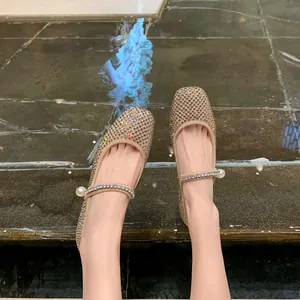 Elegant square toe mesh Mary Jane flats with rhinestones and pearl straps for women