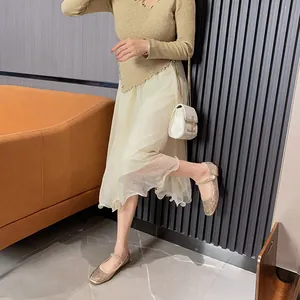 Elegant champagne gold mesh flats with rhinestones and pearl buckle in Mary Jane style