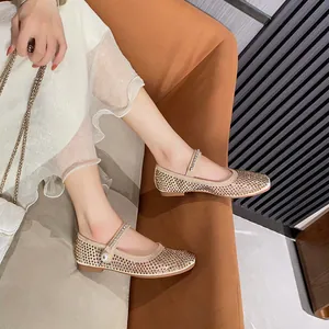 Elegant champagne mesh Mary Jane flats with sparkling rhinestones and pearl straps