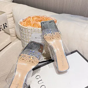 Damen Mode Quadratische Zehe Strass Transparent PVC Blockabsatz Sandalen Elegante Klare Riemen Slipper Für Party Dating