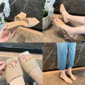 Square toe platform sandals with clear crystal block heel in beige patent leather