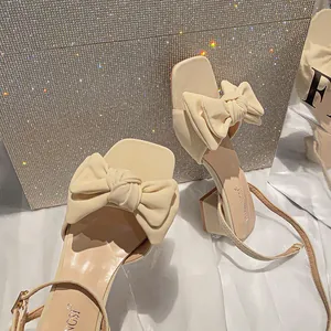 Sandalias con Correa al Tobillo y Lazo Estilo Francés para Mujer Punta Cuadrada Tacón de Bloque Zapatos de Verano Elegantes Parte Superior de Tela