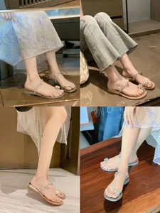 Damen Mode Strass Blume Keilabsatz Zehentrenner Sandalen Mikrofaser Weiche Sohle Flip Flops Sommer Lässig Party Strand Hochzeit Schuhe
