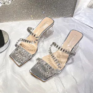 Dames Mode Vierkante Teen Strass Transparant Hakslippers Microvezel PVC Elegante Sandalen met Hoge Hak Zomerfeest Schoenen