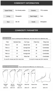 Size chart for Mary Jane flats featuring leather materials, TPU sole, and fitting guide