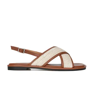 Women's brown and beige woven criss-cross platform sandals with adjustable heel straps