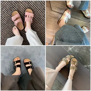Women's double strap flat sandals in pink, beige, black, and khaki with metal buckles