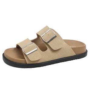 Women's khaki suede double buckle beach slides with brown footbed and thick rubber sole
