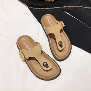 Women's Genuine Split Cow Leather Birkenstock Style Sandals Buckle Platform T-Strap Toe Post Summer Beach Slippers