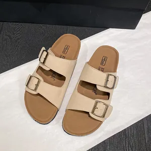 Retro beige double buckle platform Birkenstock style sandals with comfortable soft sole