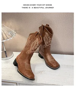 Detalle de botas vaqueras marrones con bordados intrincados y diseño retro de punta cuadrada