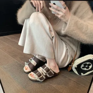 Retro Double Buckle Fleece Lined Thick Sole Birken Style Slippers Warm Faux Wool Mules For Women Outerwear Shoes