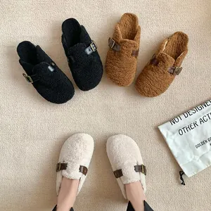 Women's Retro Faux Shearling Clogs Mules With Buckle Strap Warm Plush Lining Cork Sole Casual Winter Slippers
