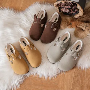 Fleece-lined Birkenstock-style clogs for women in brown, yellow, and grey suede finish