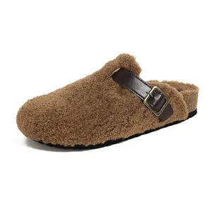Retro brown sherpa mules with platform cork sole and adjustable leather buckle strap