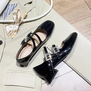 Damen Retro Lackleder Mary Jane Schuhe Strass Viereckschnalle Blockabsatz Doppelriemen Elegante Party Halbschuhe