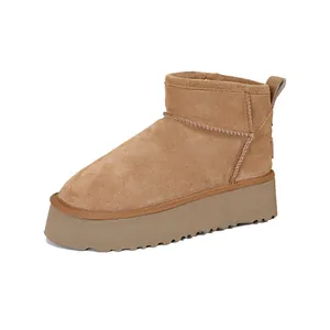 Classic chestnut genuine leather platform snow boots with warm wool lining and anti-slip sole
