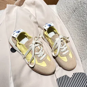 Women's Genuine Leather German Trainer Sneakers Vintage Color Block Casual Lace Up Low Top Shoes Flat Rubber Sole Retro Flats