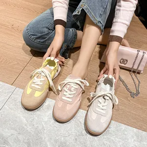 Women's genuine leather retro trainers in yellow, pink, and beige with rubber soles