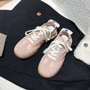 Women Casual Genuine Leather Sneakers Retro German Trainer Style Anti-Slip Splicing Lace-up Round Toe Flat Shoes For Daily Walking