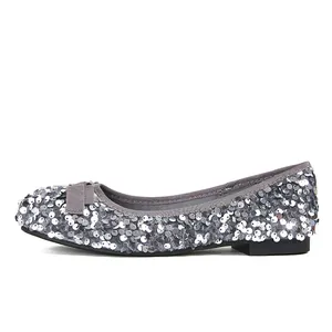 Ballerine glitterate argento da donna con fiocco elegante e suola piatta e confortevole