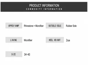 Detail specifications showing microfiber leather with rhinestones and 2cm rubber sole