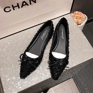 Zapatos Planos con Punta de Lentejuelas para Mujer Elegantes Bailarinas con Lazo Negro Suela Suave y Cómoda Zapatos de Fiesta