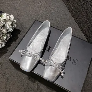 Ballerine da Donna in Pelle Microfibra Punta Quadrata Fiocco Perla Artificial Strass Comode Scarpe Basse Senza Lacci per Ufficio