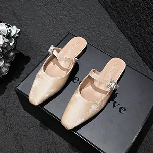 French Square Toe Mules Rhinestone Buckle Flat Sandals For Women Microfiber Leather Commute Style Casual Mules