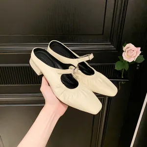 Mules Mary Jane Plissettate Francesi da Donna Fibbia in Strass Punta Quadrata Tacco Basso a Blocco Scarpe Slip On in Microfibra