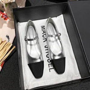 Elegant silver and black color-block Mary Jane shoes with square toe and adjustable strap