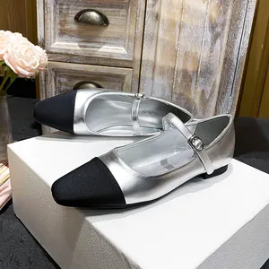 Elegant silver metallic Mary Jane flat shoes with black square toe and buckle strap