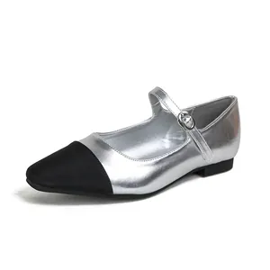 Elegant silver square toe Mary Jane flats with black color blocking and buckle strap