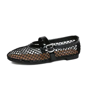 Breathable black mesh Mary Jane flat shoes with glossy leather trim and silver buckle strap