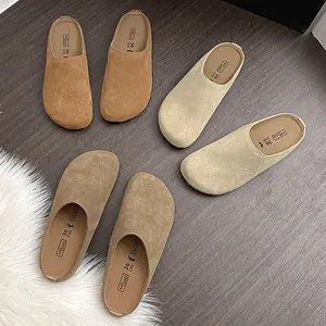 Women's Cowhide Leather Closed Toe Mules Platform Birkenstock Style Suede Casual Slippers With Buckle Strap Retro Soft Sandal