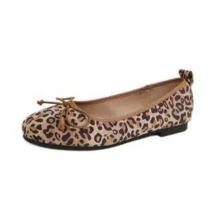 Leopard print ballet flats with bow detail and soft square toe for women