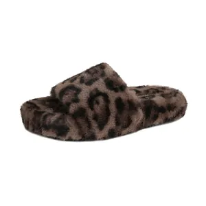 Cozy faux fur leopard print slippers with thick platform sole for women indoor home wear